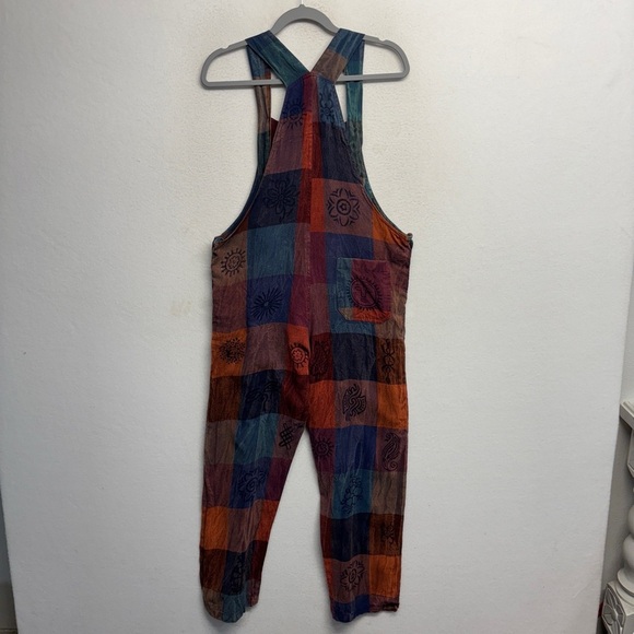 100% Cotton Nepal Overall Jumpsuit Bibs check colorful M/L Floral Boho Hippie - Picture 2 of 6